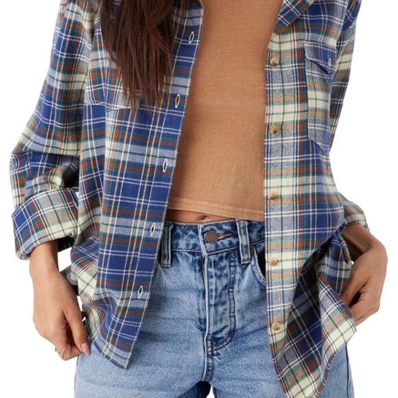 O'Neill Tops - Plaid Blue and Tan Women's Flannel Campcore Hiking Outdoor Natute